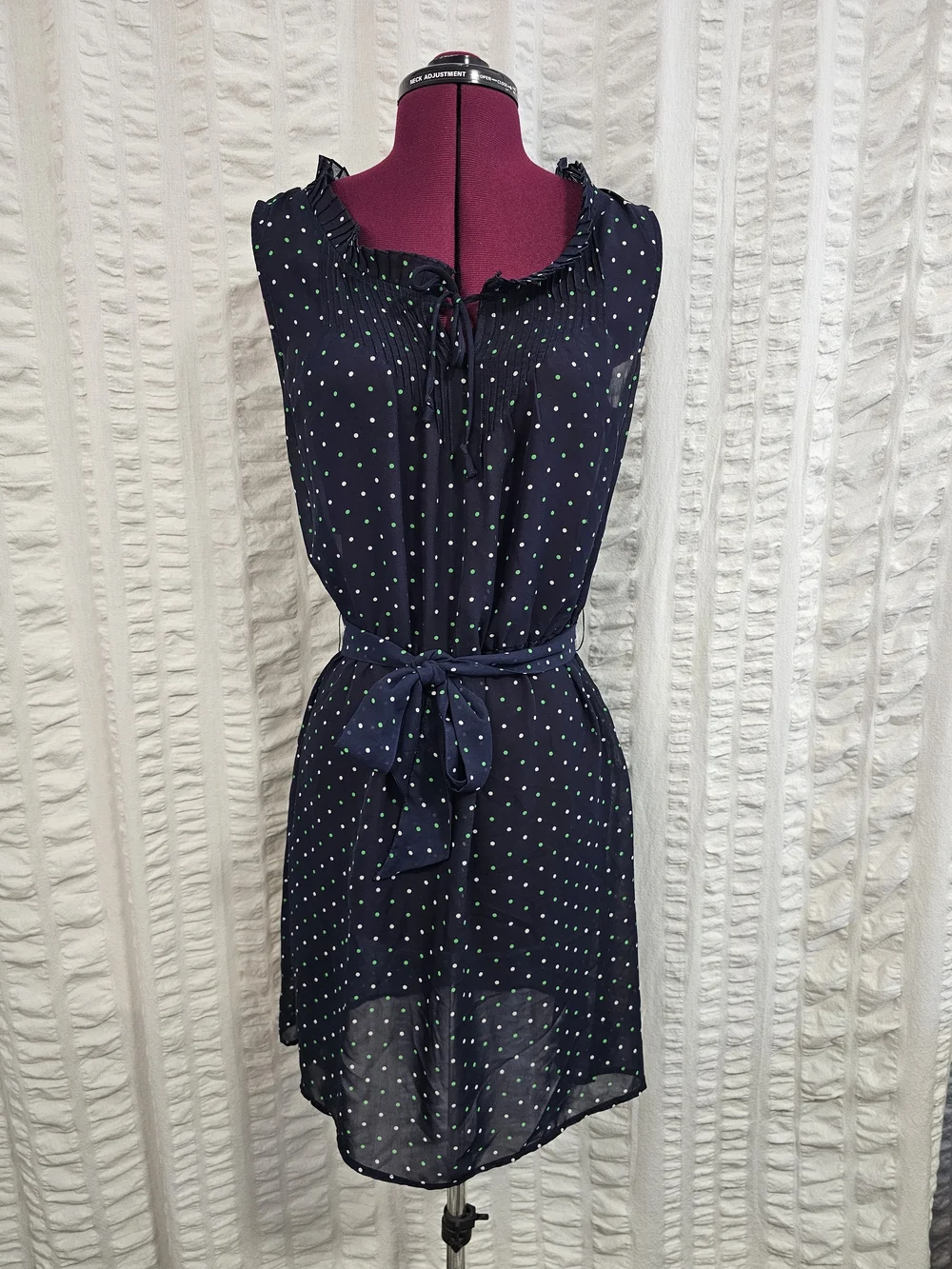 Gap Navy Blue Sheer Sleeveless Lined Green & White Polka Dot Belted Dress Large
